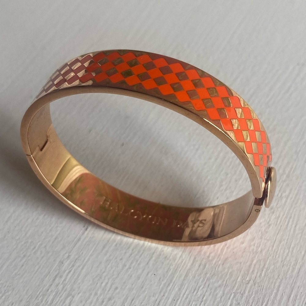 Halcyon Days oval orange and gold enamel hinged bracelet